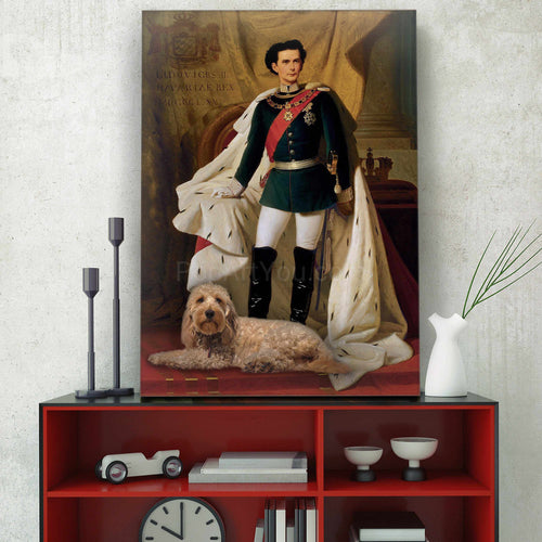 A portrait of a man dressed in historical royal clothes standing next to a dog stands on a red table