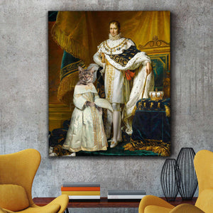 Portrait of a man with a cat with the body of a man dressed in golden royal clothes hangs on a gray wall near two yellow armchairs