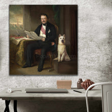 Load image into Gallery viewer, A portrait of a man dressed in renaissance regal attire sitting next to a dog hangs on the gray wall above the desk
