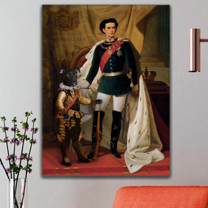 Portrait of a man and a dog with the body of a man dressed in black royal attires hangs on a white wall near a red armchair