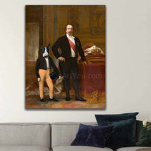 Load image into Gallery viewer, Portrait of an elderly man and a dog with the body of a man dressed in black royal clothes hanging on a white wall over a gray sofa
