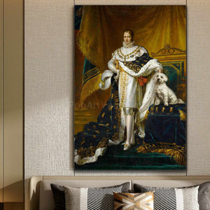 A portrait of a man dressed in gold royal robes standing next to a dog hangs on a beige wall