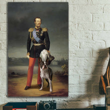 Load image into Gallery viewer, A portrait of a man dressed in historical royal clothes standing next to a dog hangs on a white brick wall
