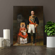 Load image into Gallery viewer, Portrait of an elderly man and a dog with the body of a man dressed in red royal attires stands on a wooden floor near two candles
