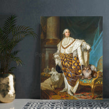 Load image into Gallery viewer, A portrait of a man dressed in gold royal robes standing next to a dog stands on the floor next to a tree in a vase
