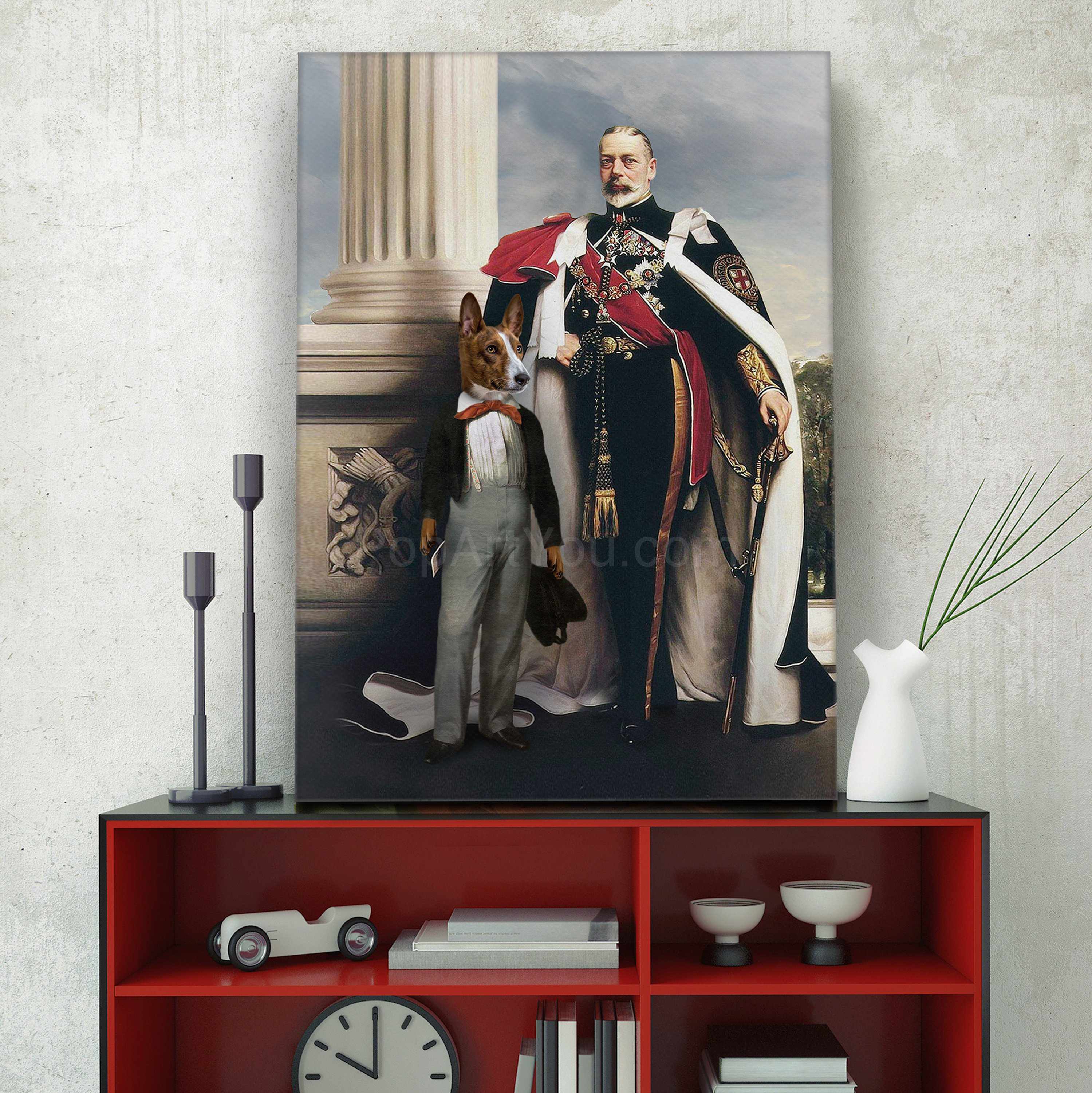 Portrait of an elderly man and a dog with the body of a man dressed in white royal clothes stands on a red table near the clock