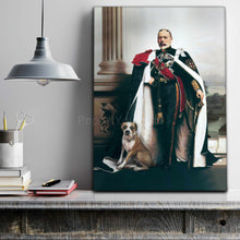 Load image into Gallery viewer, A portrait of an elderly man dressed in historical royal clothes standing next to a dog stands on a wooden table

