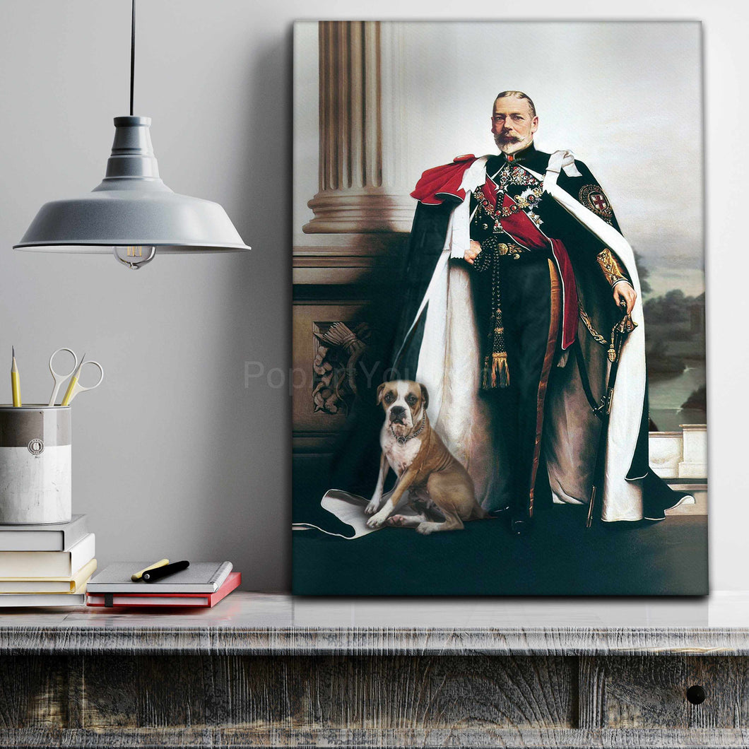 A portrait of an elderly man dressed in historical royal clothes standing next to a dog stands on a wooden table