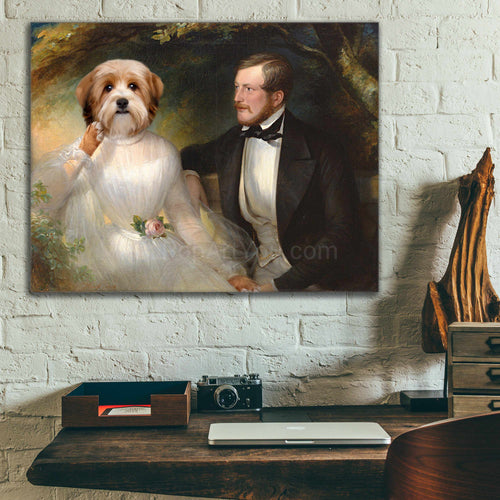 Portrait of a man with a dog with the body of a man dressed in white royal attires hanging on a white brick wall above the work table