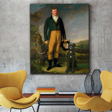 Load image into Gallery viewer, A portrait of a man dressed in royal clothes standing next to a dog hangs on a gray wall opposite two yellow chairs
