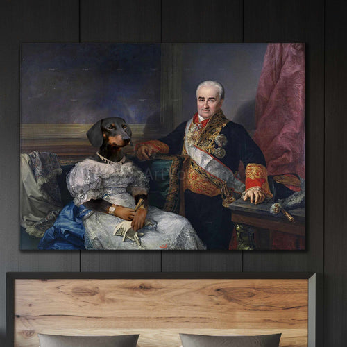 Portrait of an elderly man and a dog with the body of a man dressed in historical regal attires hanging on a black wall above the bed