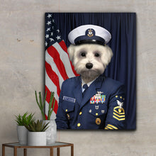 Load image into Gallery viewer, Portrait of a dog dressed in blue marine clothing hangs on a gray wall near cacti
