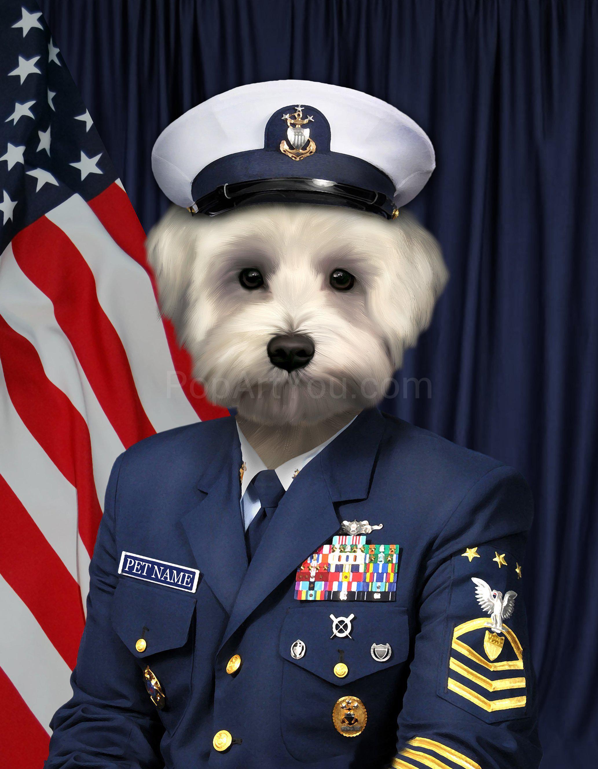 The portrait shows a dog dressed in blue navy attire with a hat standing near the American flag