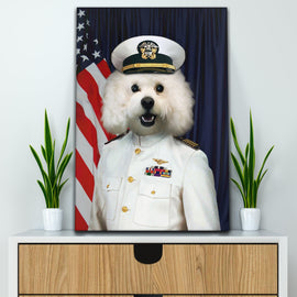 Portrait of a dog with a human body dressed in white marine clothing stands on a white shelf