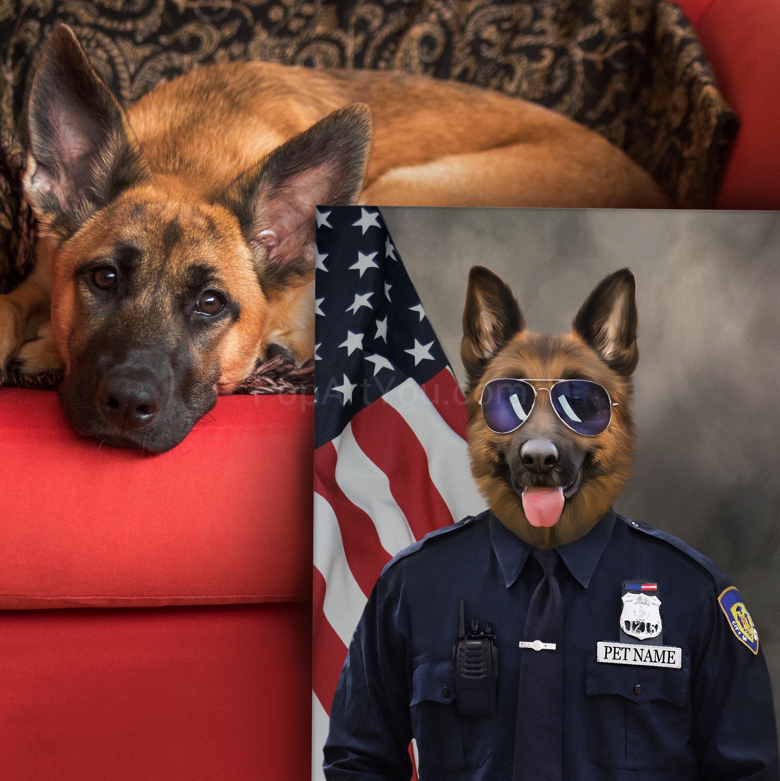 The dog lies near a portrait of himself with a human body dressed in police clothes