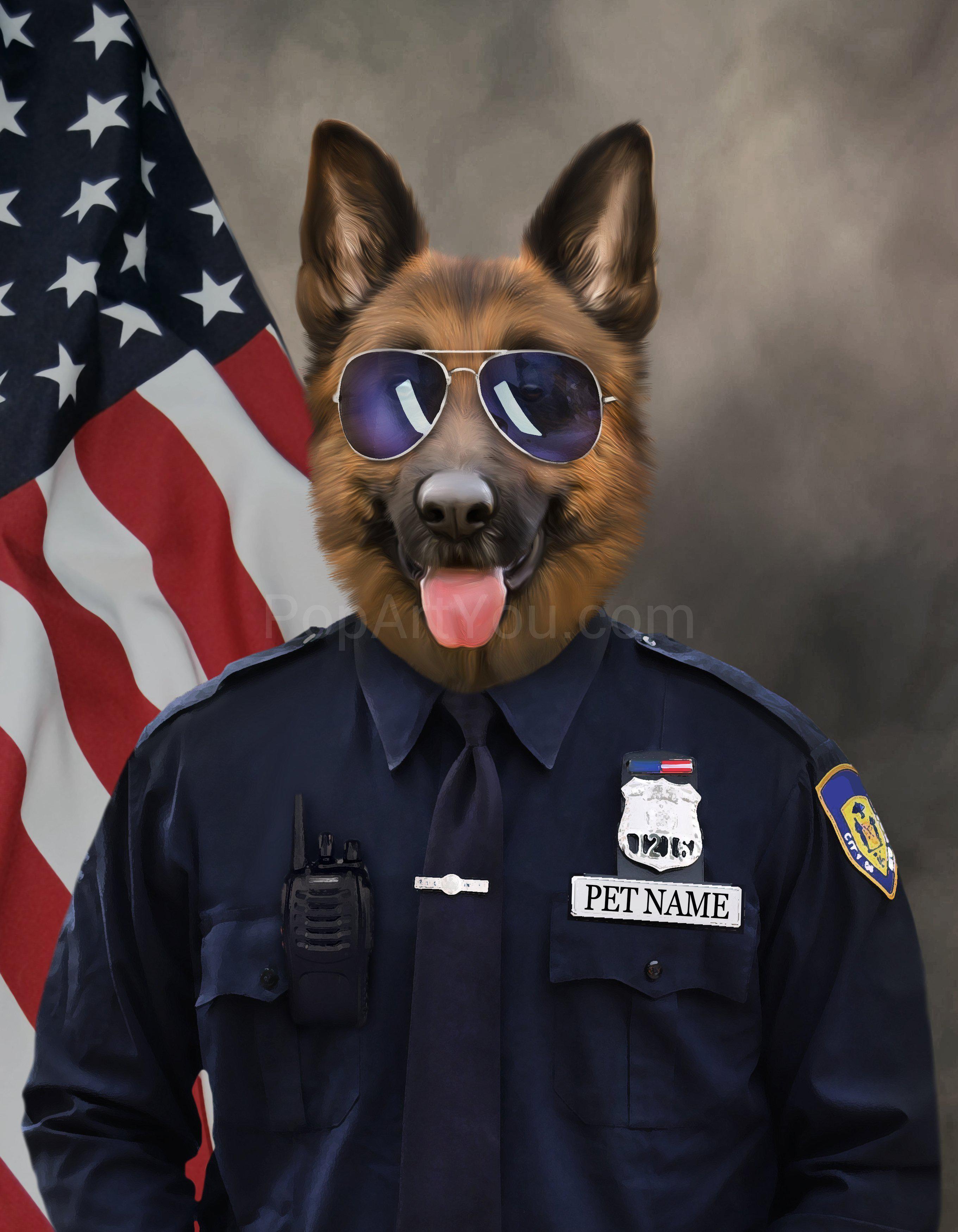 The portrait shows a dog dressed in police attire standing near the American flag