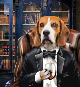 Portrait painting of a dog in a formal suit and pince-nez with a glass of wine in his hand against the background of a bookcase.