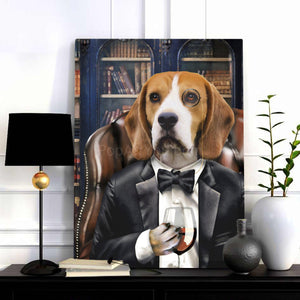 Canvas portrait of a dog in a formal suit stands on a black table against a white wall next to a flower in a pot and a table-lamp