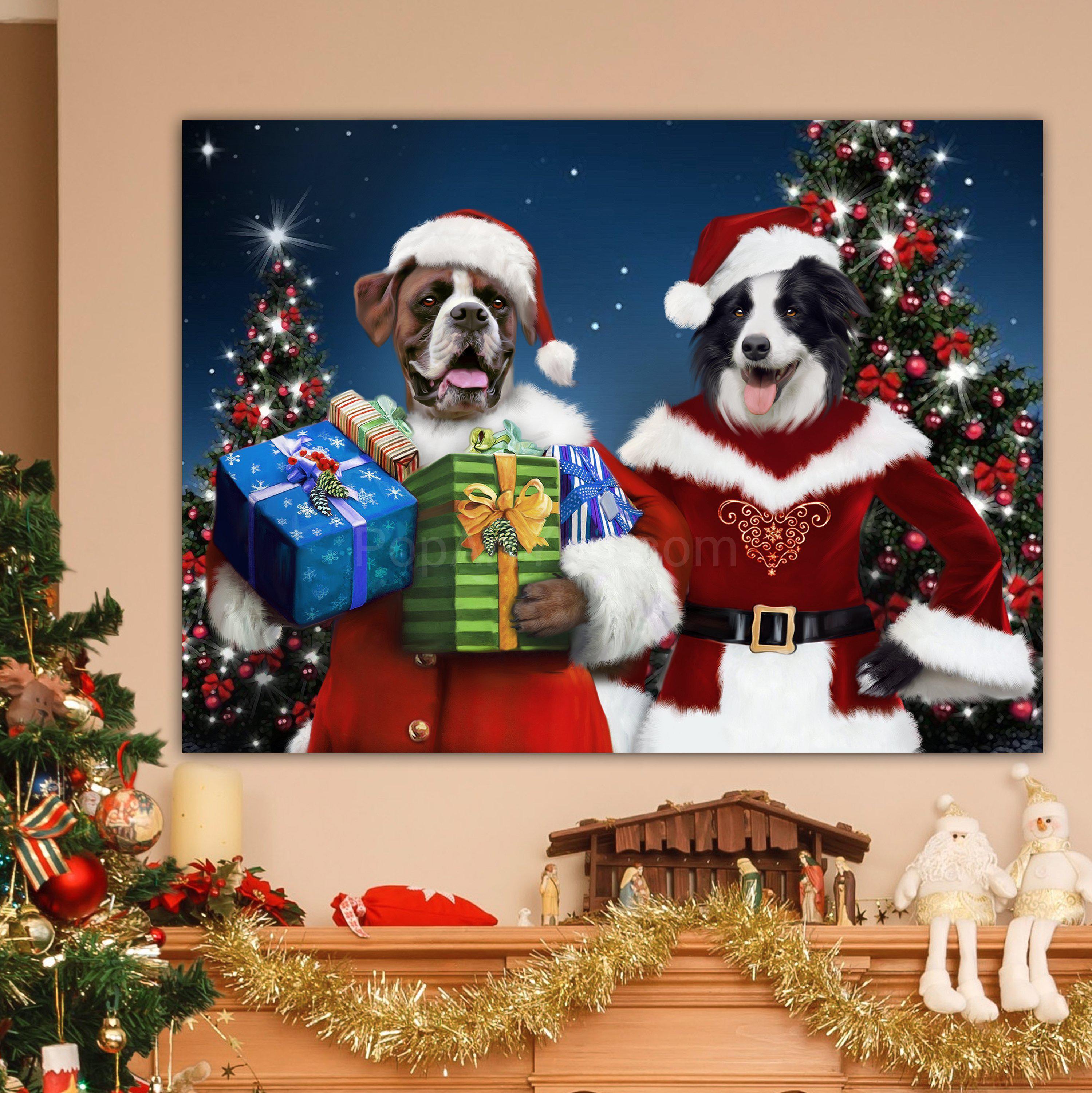Portrait of two dogs with human bodies dressed in red costumes of Santa and Mrs. Claus hangs on the beige wall near the christmas tree