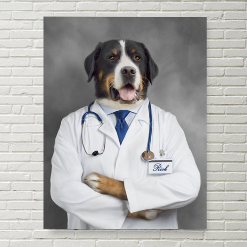 Portrait of a dog dressed in white doctor clothes hanging on a white brick wall