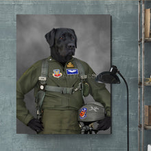 Load image into Gallery viewer, Portrait of a dog dressed in green pilot&#39;s attire hangs on a green wall near a black lamp
