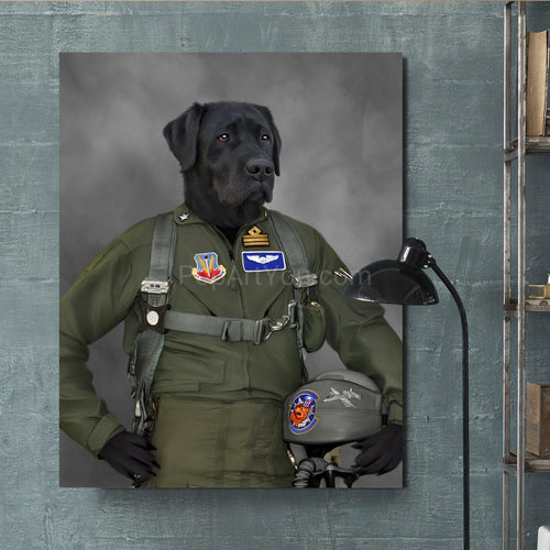 Portrait of a dog dressed in green pilot's attire hangs on a green wall near a black lamp