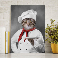 Load image into Gallery viewer, Portrait of a cat dressed in white clothes of the chef stands on a wooden table near a yellow vase
