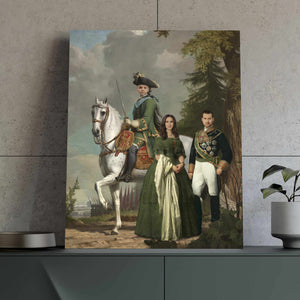 Portrait of a man, woman and a boy sitting on a horse stands on a shelf near the wall next to a flower in a pot