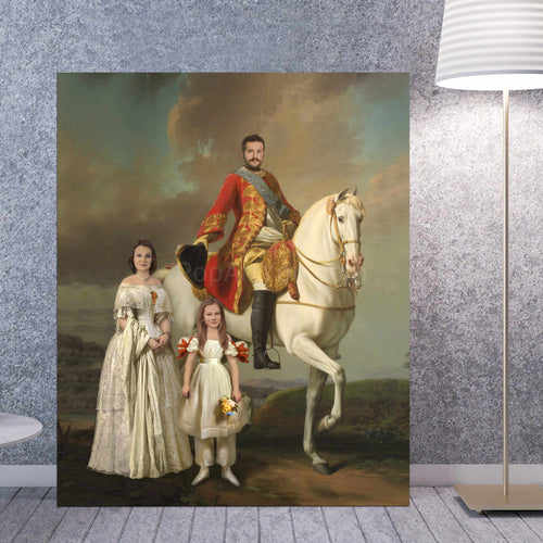 A portrait of a man on a horse next to a woman and a child in renaissance costumes stands near the wall