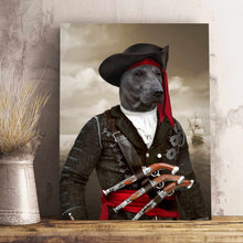 Load image into Gallery viewer, Portrait of a dog with a human body dressed in black pirate attire stands on a wooden shelf near a gray vase
