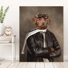 Load image into Gallery viewer, Portrait of a dog with glasses dressed in retro pilot clothes stands on the wooden floor near the clock
