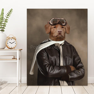 Portrait of a dog with glasses dressed in retro pilot clothes stands on the wooden floor near the clock