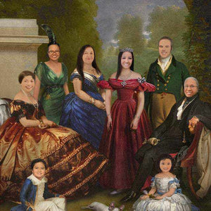 The portrait shows a large family on a walk dressed in historical royal clothes