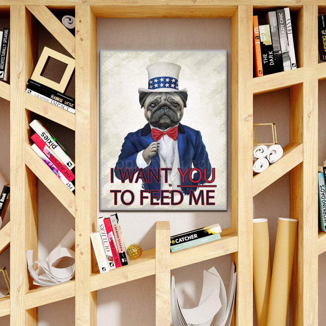 Portrait of a dog dressed in a blue jacket stands on a wooden shelf near books
