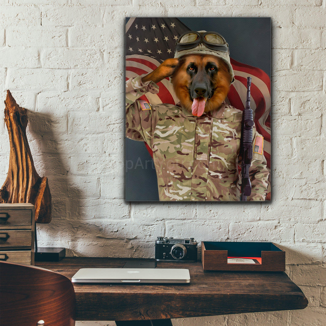 Portrait of a dog with a helmet dressed in the clothes of an American soldier hangs on a white brick wall above a work table