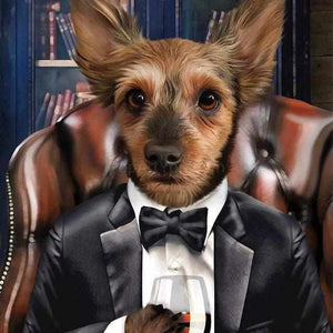 Portrait of a dog in a formal suit against the background of a bookcase