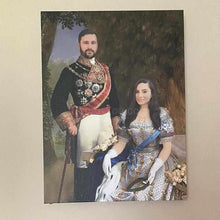Load image into Gallery viewer, The portrait shows a couple dressed in silver regal attires sitting near a tree hanging on a beige wall
