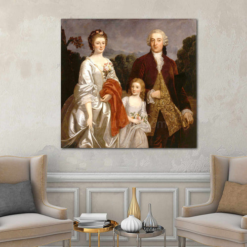 Portrait of a family dressed in historical royal attires walking in the woods hanging on a white wall near two armchairs