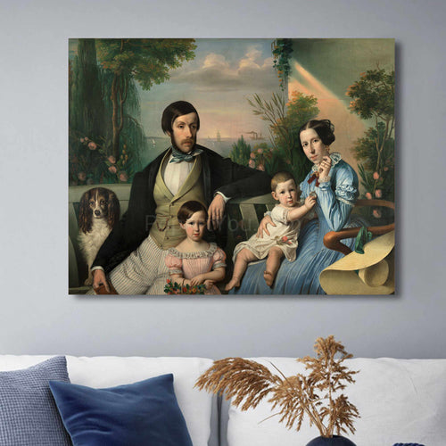 Portrait of a family dressed in historical royal clothes sitting with a dog on the coast hangs on the white wall above the sofa