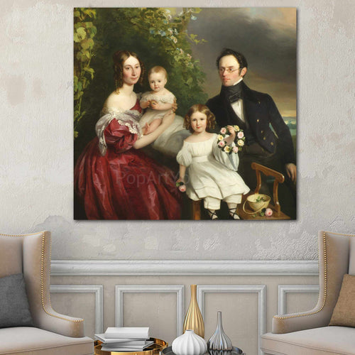 Portrait of a family dressed in historical regal attires sitting near a tree hangs on a white wall near two armchairs
