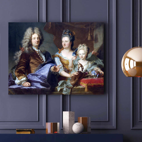 A portrait of a family dressed in historical royal attires hangs on a blue wall above two books