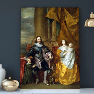 A portrait of a family dressed in golden royal clothes stands on a white table near a golden vase