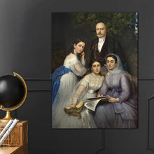 Load image into Gallery viewer, A portrait of a family dressed in historical regal attires hangs on a black wall near a black globe
