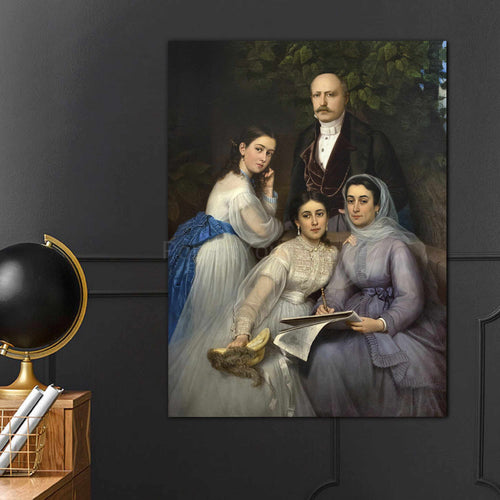 A portrait of a family dressed in historical regal attires hangs on a black wall near a black globe