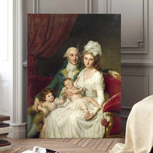Load image into Gallery viewer, Portrait of a family dressed in white royal attires stands on a wooden floor near a gray wall
