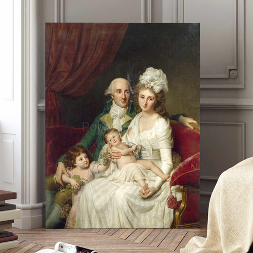 Portrait of a family dressed in white royal attires stands on a wooden floor near a gray wall
