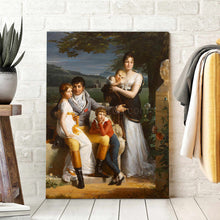 Load image into Gallery viewer, Portrait of a family dressed in historical regal attires standing near a tree stands on a wooden floor near a white brick wall
