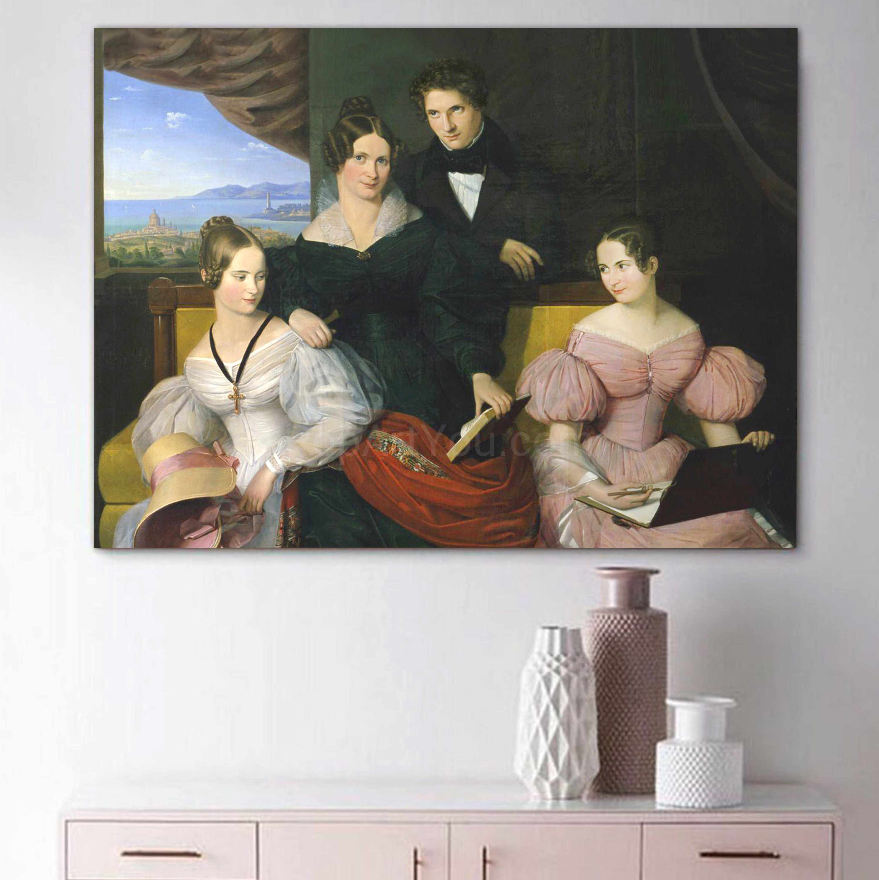 A portrait of a family dressed in historical royal clothes hangs on a white wall above three vases