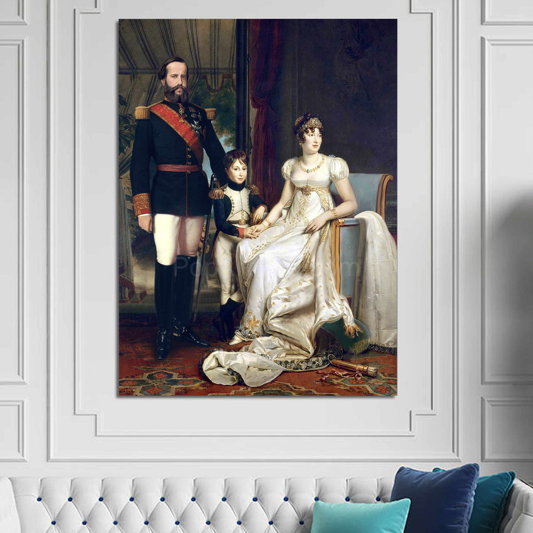 Portrait of a family dressed in historical royal clothes hanging on a white wall over a white sofa