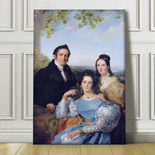Load image into Gallery viewer, Portrait of a family dressed in historical royal clothes standing on a wooden floor against a white wall
